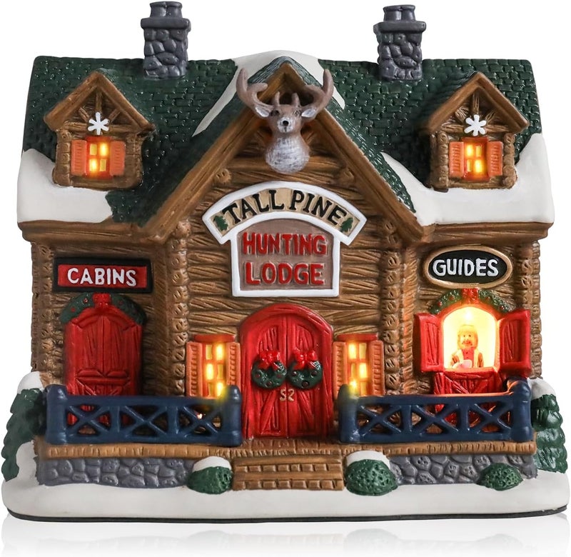 VCUTEKA Christmas Village House Lighted Indoor Decorations Hunting Lodge with LED Light Christmas Village Collectible Buildings Figurines Ceramic House Light up Figurine for Holiday Xmas Decor - Image 1